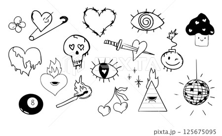 Psychedelic doodle heart barbed wire, with fire and eye, graffiti groovy set. Retro tattoo grunge kit. Disco ball heart with pin, magic eight ball. Psychedelic doodle heart barbed wire, with fire and eye, graffiti groovy set. Retro tattoo grunge kit. Disco ball heart with pin, magic eight ball. 125675095