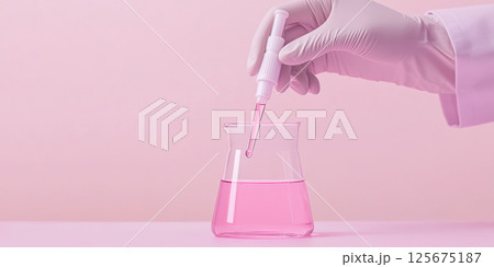 Scientist handling pink liquid in flask with dropper and gloves in a laboratory setting, AI Generative 125675187