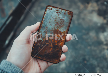 Rusty smartphone in hand depicting decay and neglect in urban setting, AI Generative 125675208