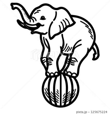 Circus elephant balancing on a striped ball, illustration showcasing agility and entertainment, AI Generative 125675224