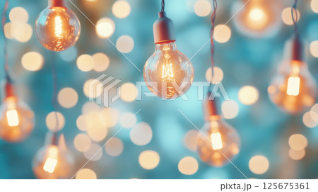 Hanging edison bulbs illuminating a festive blue backdrop with warm bokeh lights creating an enchanting atmosphere, AI Generative 125675361