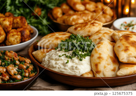 Assorted middle eastern mezze with fresh hummus, herb garnish, and warm pita bread surrounded by savory dishes, AI Generative 125675375