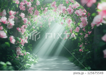 Sunlit floral tunnel with pink blooms creating a magical garden pathway illuminated by soft sunlight, AI Generative 125675549