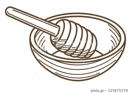 honey dipper in wooden bowl sweet natural honeycomb tool, sketch style, kitchen utensil, AI Generative 125675579