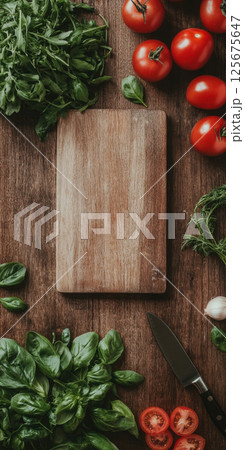 Wooden cutting board surrounded by fresh vegetables and herbs on rustic kitchen table, AI Generative 125675647