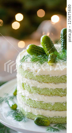 Layered green cake with creamy frosting and pickles garnished with fresh dill, creating a unique savory dessert against a festive backdrop, AI Generative 125675680