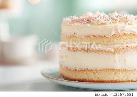 Delicious vanilla layered cake with creamy frosting and colorful sprinkles on a plate, perfect for celebrations and dessert lovers, AI Generative 125675681