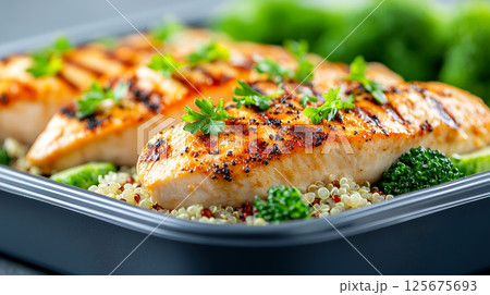 Grilled chicken breast on quinoa salad with broccoli healthy gourmet meal in vibrant natural setting, AI Generative Grilled chicken breast on quinoa salad with broccoli healthy gourmet meal in vibrant natural setting, AI Generative 125675693
