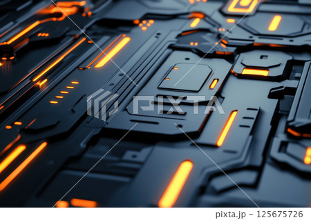 Futuristic circuit board with glowing orange lights on a dark background, showcasing advanced technology and innovative design, AI Generative 125675726