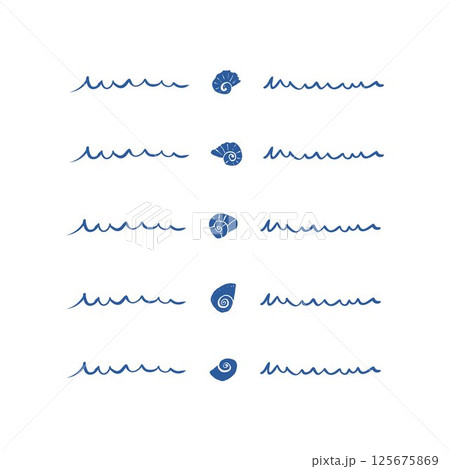 Marine dividers set with blue seashells and hand drawn wavy lines in doodle style for summer design Marine dividers set with blue seashells and hand drawn wavy lines in doodle style for summer design 125675869