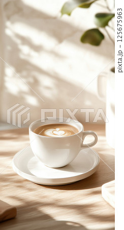 Latte with heart art in sunlit cafe setting with crisp white porcelain tableware and lush greenery, AI Generative 125675963