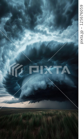 Dramatic thunderstorm clouds swirling over vast grasslands capturing nature's fierce power and stunning sky patterns, AI Generative 125676059