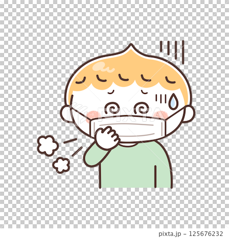 Illustration of a boy coughing while wearing a mask Illustration of a boy coughing while wearing a mask 125676232