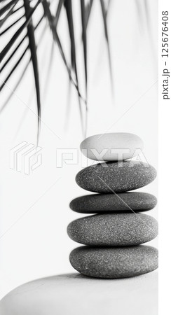 Zen stone stack with palm leaf in minimalist black and white, peaceful tranquility concept, AI Generative 125676408