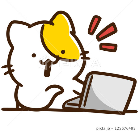 パソコンの画面を見てこれだ！と言っているねこのキャラクターの上半身イラスト 125676495