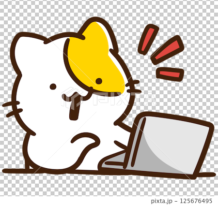 パソコンの画面を見てこれだ！と言っているねこのキャラクターの上半身イラスト 125676495