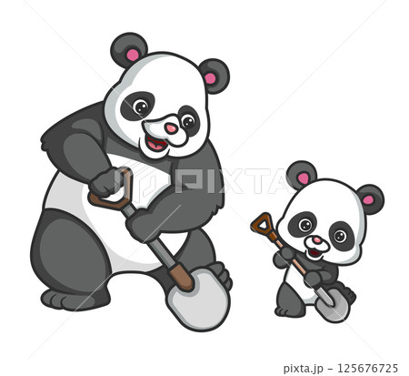 Big panda teaches little panda to use a shovel of illustration 125676725