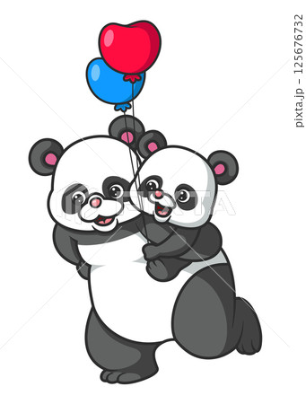 Big panda holding little panda and playing with balloons of illustration 125676732