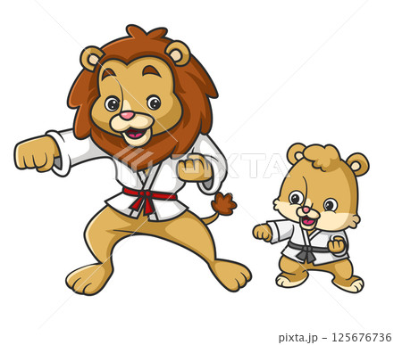 The big lion teaches the little lion the sport of karate of illustration 125676736