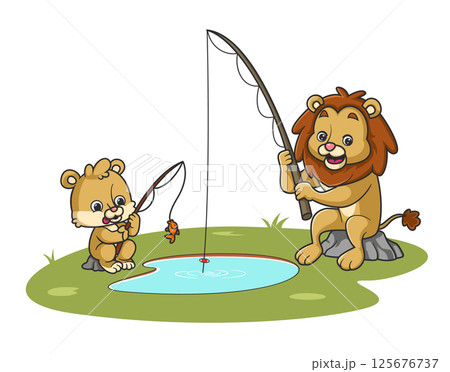 big lion with baby lion on vacation by fishing of illustration big lion with baby lion on vacation by fishing of illustration 125676737