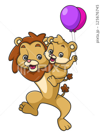 Big lion holding little lion and playing with balloons of illustration 125676745