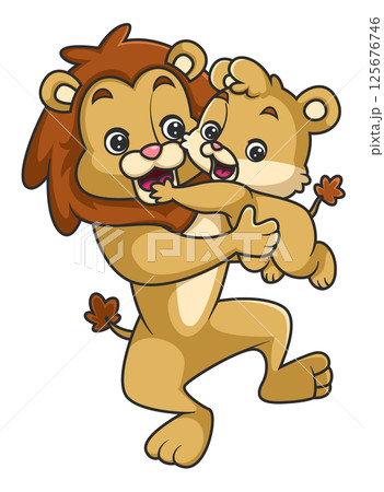 big lion is joking with little lion, big lion hugs little lion of illustration big lion is joking with little lion, big lion hugs little lion of illustration 125676746