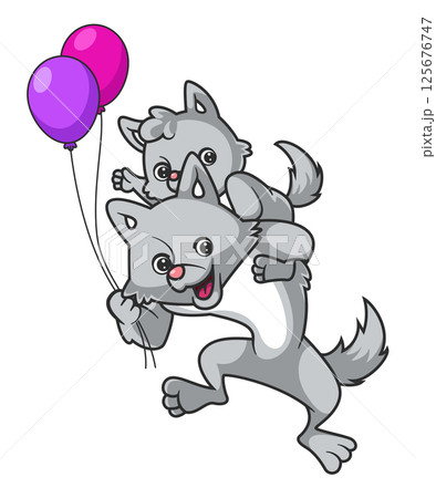 Big wolf holding little wolf and playing with balloons of illustration 125676747
