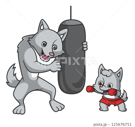 Big wolf teaches little wolf boxing of illustration 125676751