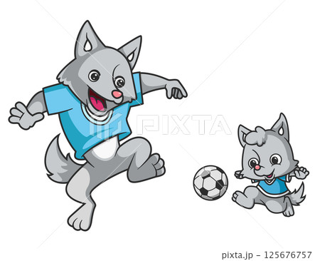 A big wolf with a baby wolf is playing football of illustration 125676757