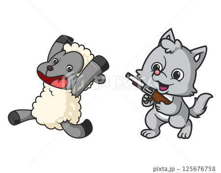 sheep being chased by a little wolf carrying a hunting rifle of illustration 125676758