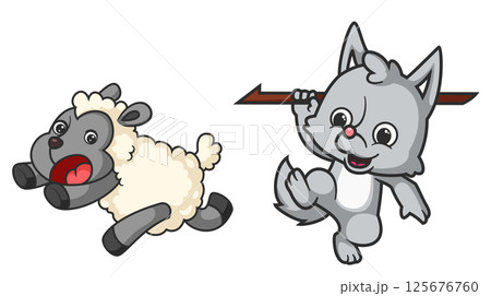sheep being chased by a little wolf carrying a spear of illustration sheep being chased by a little wolf carrying a spear of illustration 125676760