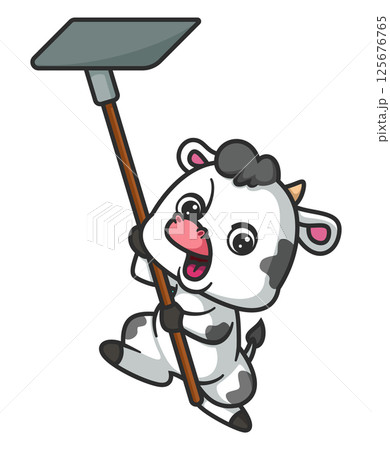 cute cow holding shovel cartoon character of illustration 125676765