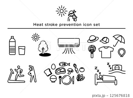 熱中症対策アイコンセット(シンプル線画) 熱中症対策アイコンセット(シンプル線画) 125676818