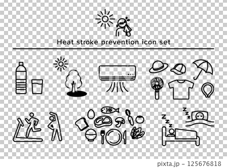 熱中症対策アイコンセット(シンプル線画) 熱中症対策アイコンセット(シンプル線画) 125676818