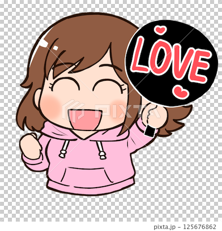 推し活を楽しむ女の子のデフォルメイラスト（うちわ・LOVE） 125676862