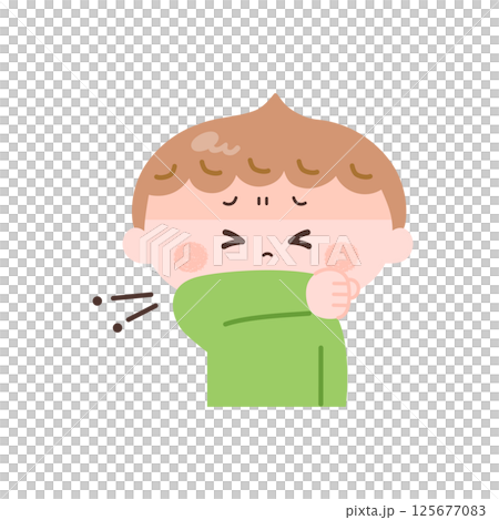 Illustration of a boy covering his mouth after coughing 125677083