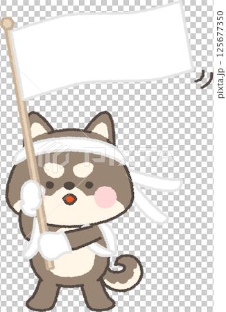 A black Shiba Inu cheering on the team waving a flag 125677350