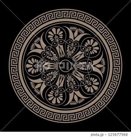 Greek gold round ornament. Golden Greek meander key plate. Patterns of Greece, ancient Rome. Circle european border frame. Typical egyptian, assyrian, greek motive for engraving, embroidery, porcelain 125677568