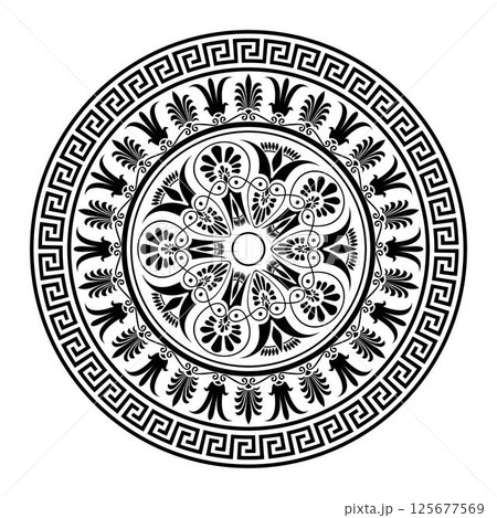 Greek round ornament. Greek meander key plate. Circle european border frame. Patterns of Greece, ancient Rome. Typical egyptian, assyrian, greek motive for engraving, embroidery, porcelain, plate 125677569