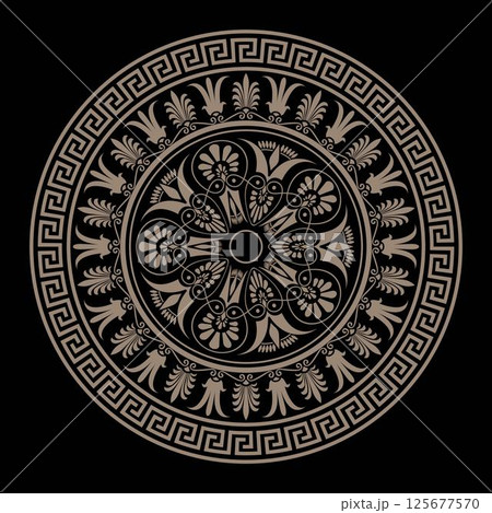 Greek gold round ornament. Greek gold meander key plate. Circle european border frame. Patterns of Greece, ancient Rome. Typical egyptian, assyrian, greek motive for engraving, embroidery, porcelain 125677570