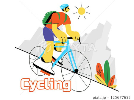 Cycling Vector Illustration Featuring People Engaged in Outdoor Leisure Activities, Riding Bicycles with Helmets on a Road Track in a Background Cycling Vector Illustration Featuring People Engaged in Outdoor Leisure Activities, Riding Bicycles with Helmets on a Road Track in a Background 125677655