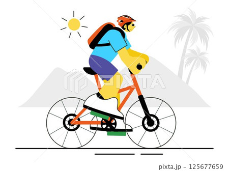 Cycling Vector Illustration Featuring People Engaged in Outdoor Leisure Activities, Riding Bicycles with Helmets on a Road Track in a Background Cycling Vector Illustration Featuring People Engaged in Outdoor Leisure Activities, Riding Bicycles with Helmets on a Road Track in a Background 125677659