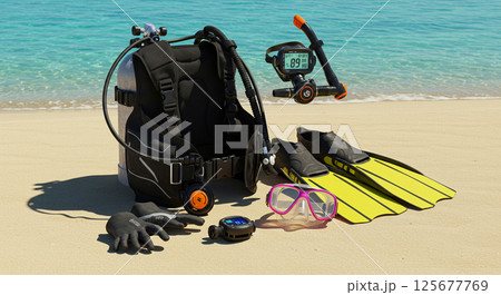 ビーチに揃うダイビングフルセット 125677769