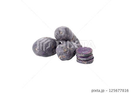 Concept of unusual vegetable - purple potato vegetable, isolated on white background Concept of unusual vegetable - purple potato vegetable, isolated on white background 125677816