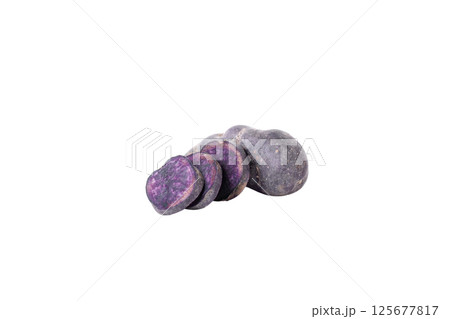 Concept of unusual vegetable - purple potato vegetable, isolated on white background 125677817