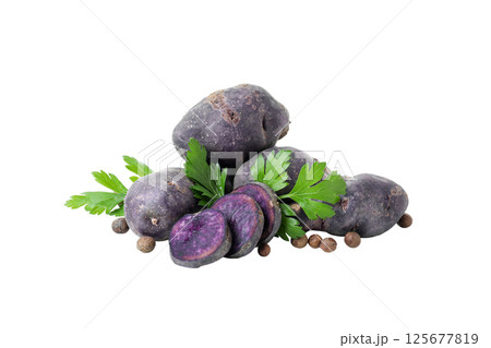 Concept of unusual vegetable - purple potato vegetable, isolated on white background Concept of unusual vegetable - purple potato vegetable, isolated on white background 125677819