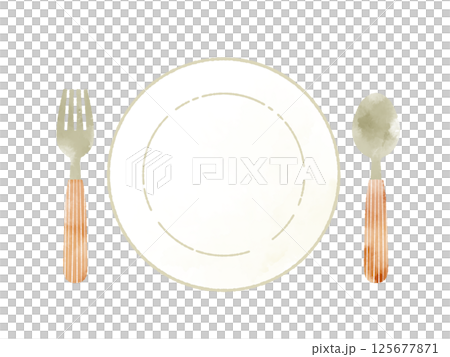 盤子、叉子和湯匙 - 水彩畫 125677871