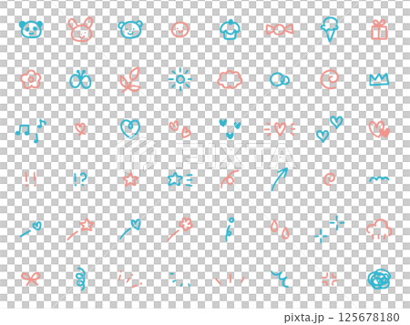 手繪裝飾插圖的向量插圖集。手繪、集中線、箭頭、糖果、動物、心、星星 手繪裝飾插圖的向量插圖集。手繪、集中線、箭頭、糖果、動物、心、星星 125678180