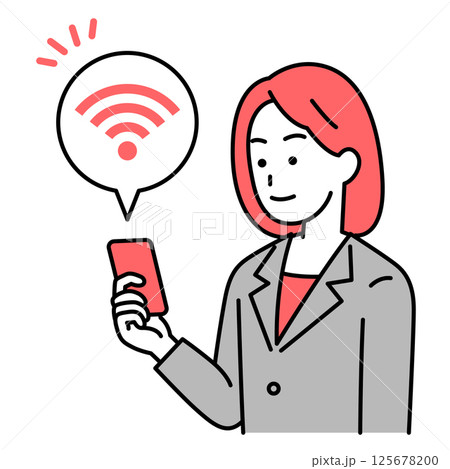 Wi-Fi-に繋がっているスマートフォンを持つスーツの女性 Wi-Fi-に繋がっているスマートフォンを持つスーツの女性 125678200