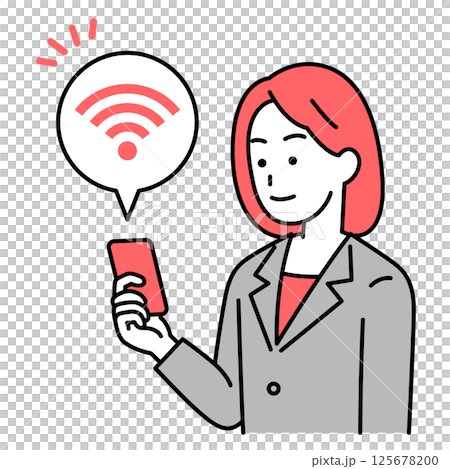 Wi-Fi-に繋がっているスマートフォンを持つスーツの女性 Wi-Fi-に繋がっているスマートフォンを持つスーツの女性 125678200